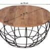 Runt vardagsrumsbord i trä med svart metallram, diameter ca 75 cm.
