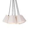 Modern taklampa med sex lampskärmar för matbordet.