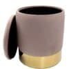 Elegant velor stool with storage space and gold base.