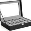 Svart watchbox med 12 fack och glaslock för smycken och klockor.