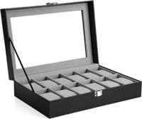 Watchbox med 12 Slots, Titta på Fodral med Glaslock, Titta på Skärm med Avtagbara Klockkuddar, Metalllås, Presentidé, Svart Syntetiskt Läder, Grå Foder
