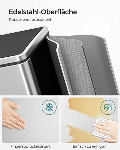 SONGMICS Dubbel soptunna, 2 x 30 L Kökskärl med dubbla fack, Silver och Svart 4 SONGMICS Dubbel soptunna, 2 x 30 L Kökskärl med dubbla fack, Silver och Svart - Bild 4