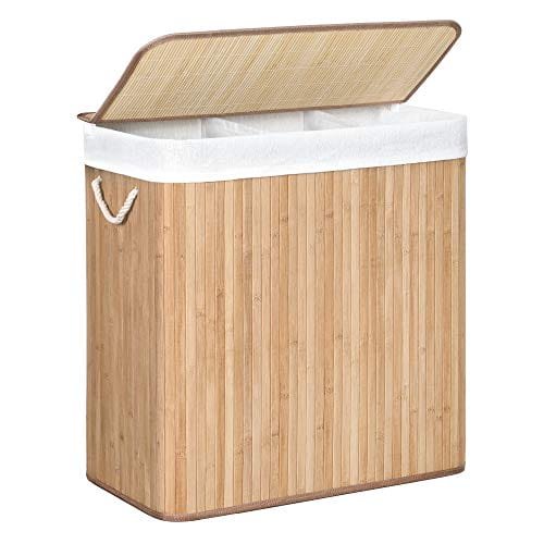 Tvättkorg i bambu med lock och handtag – 3 sektioner, 150L kapacitet