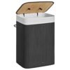 Svart bambu tvättkorg med lock, 72L, fällbar, rektangulär 40x30x60 cm.