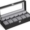 Elegant svart watch box med 6 fack och glaslock för smycken.