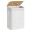 Vit bambu tvättkorg med lock och handtag, 72 liter, fällbar design.