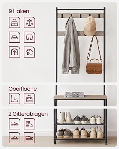 VASAGLE klädhängare, klädstativ med skoförvaringsbänk, Hallträd med skohylla, Greige och svart 7 VASAGLE klädhängare, klädstativ med skoförvaringsbänk, Hallträd med skohylla, Greige och svart - Bild 7