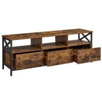 Rustik TV-bänk för 65-tums TV, med tre rymliga lådor och öppna hyllor, designad i industriell stil med robust träram och metallförstärkningar.