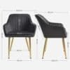 Klädd stol med armstöd, sammetstyg, metallben, grå och guld, modern design.