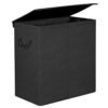 Svart tvättkorg med lock och handtag för smidig förvaring.