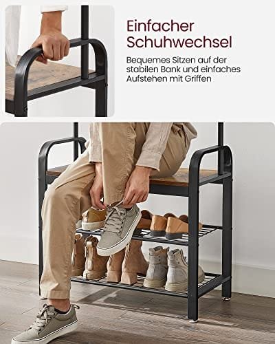 VASAGLE klädhängare, klädstativ med skoförvaringsbänk, 4-i-1-design, rustik brun och svart 7 VASAGLE klädhängare, klädstativ med skoförvaringsbänk, 4-i-1-design, rustik brun och svart - Bild 7