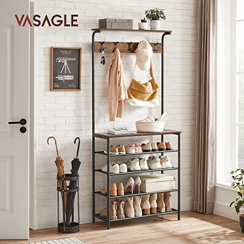 Coat Rack Stand, Hall Tree With Shoe Storage, 5 Tier Shoe Rack Olika Höjd, 5 Dubbla Krokar, Topphylla, Hall Sovrum Sovsal Lägenhet, Industri, Rustikbrun Och Svart 2 Coat Rack Stand, Hall Tree With Shoe Storage, 5 Tier Shoe Rack Olika Höjd, 5 Dubbla Krokar, Topphylla, Hall Sovrum Sovsal Lägenhet, Industri, Rustikbrun Och Svart - Bild 2