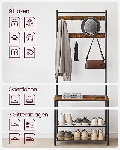 Vasagle-kappställ, kappstativ med skobänk, hallträd med skostång, brun och svart 2 Vasagle-kappställ, kappstativ med skobänk, hallträd med skostång, brun och svart - Bild 2