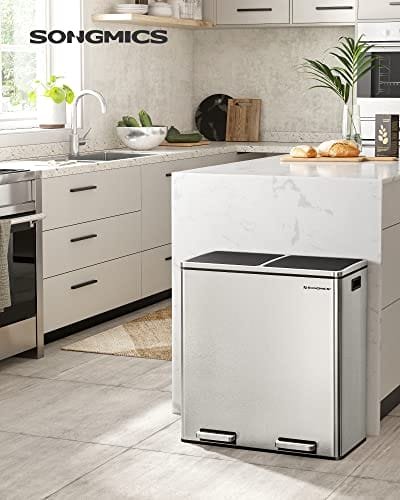 SONGMICS Dubbel soptunna, 2 x 30 L Kökskärl med dubbla fack, Silver och Svart 2 SONGMICS Dubbel soptunna, 2 x 30 L Kökskärl med dubbla fack, Silver och Svart - Bild 2