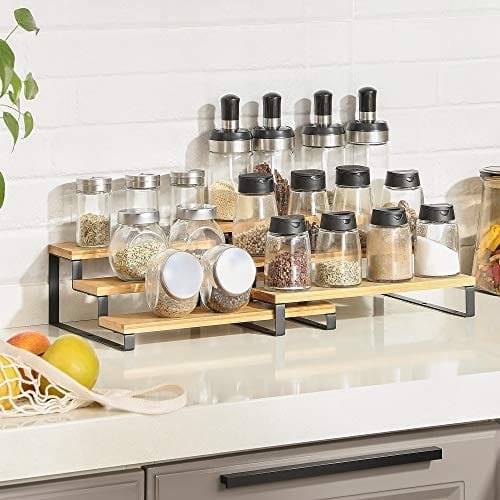 Spice Rack, Uppsättning Av 2 Skåpshyllorganisatörer, 3-t-utdragbar Kryddhållare, Bambu, Stapelbar, För Skafferi, Skåp, Bänkskiva, Naturlig Och Svart 2 Spice Rack, Uppsättning Av 2 Skåpshyllorganisatörer, 3-t-utdragbar Kryddhållare, Bambu, Stapelbar, För Skafferi, Skåp, Bänkskiva, Naturlig Och Svart - Bild 2