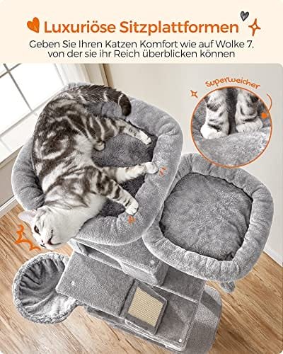 Kattträd, 206 Cm Stort Katttorn med 13 Skrapstolpar, 1 Skrapningsramp, 2 Abborre, 2 Grottor,, Ljusgrå 2 Kattträd, 206 Cm Stort Katttorn med 13 Skrapstolpar, 1 Skrapningsramp, 2 Abborre, 2 Grottor,, Ljusgrå - Bild 2