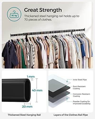 Songmics klädställ på hjul, tunga klädskena, med utdragbar hängskena, svart 3 Songmics klädställ på hjul, tunga klädskena, med utdragbar hängskena, svart - Bild 3