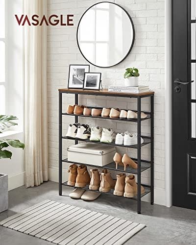 5-tier Sko Rack, Tall Shoe Storage med 4 Mesh Hyllor Och Stor Topp För Väskor, Utrymme För Entré, Hall, Stål, Industri, Rustikbrun Och Svart 2 5-tier Sko Rack, Tall Shoe Storage med 4 Mesh Hyllor Och Stor Topp För Väskor, Utrymme För Entré, Hall, Stål, Industri, Rustikbrun Och Svart - Bild 2
