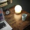 Datorskrivbord med lampa, kopp och bokhylla för studie eller hemmakontor.