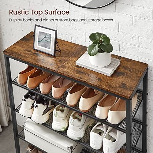 5-tier Sko Rack, Tall Shoe Storage med 4 Mesh Hyllor Och Stor Topp För Väskor, Utrymme För Entré, Hall, Stål, Industri, Rustikbrun Och Svart 7 5-tier Sko Rack, Tall Shoe Storage med 4 Mesh Hyllor Och Stor Topp För Väskor, Utrymme För Entré, Hall, Stål, Industri, Rustikbrun Och Svart - Bild 7