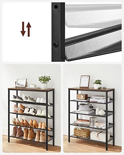 5-tier Sko Rack, Tall Shoe Storage med 4 Mesh Hyllor Och Stor Topp För Väskor, Utrymme För Entré, Hall, Stål, Industri, Rustikbrun Och Svart 5 5-tier Sko Rack, Tall Shoe Storage med 4 Mesh Hyllor Och Stor Topp För Väskor, Utrymme För Entré, Hall, Stål, Industri, Rustikbrun Och Svart - Bild 5