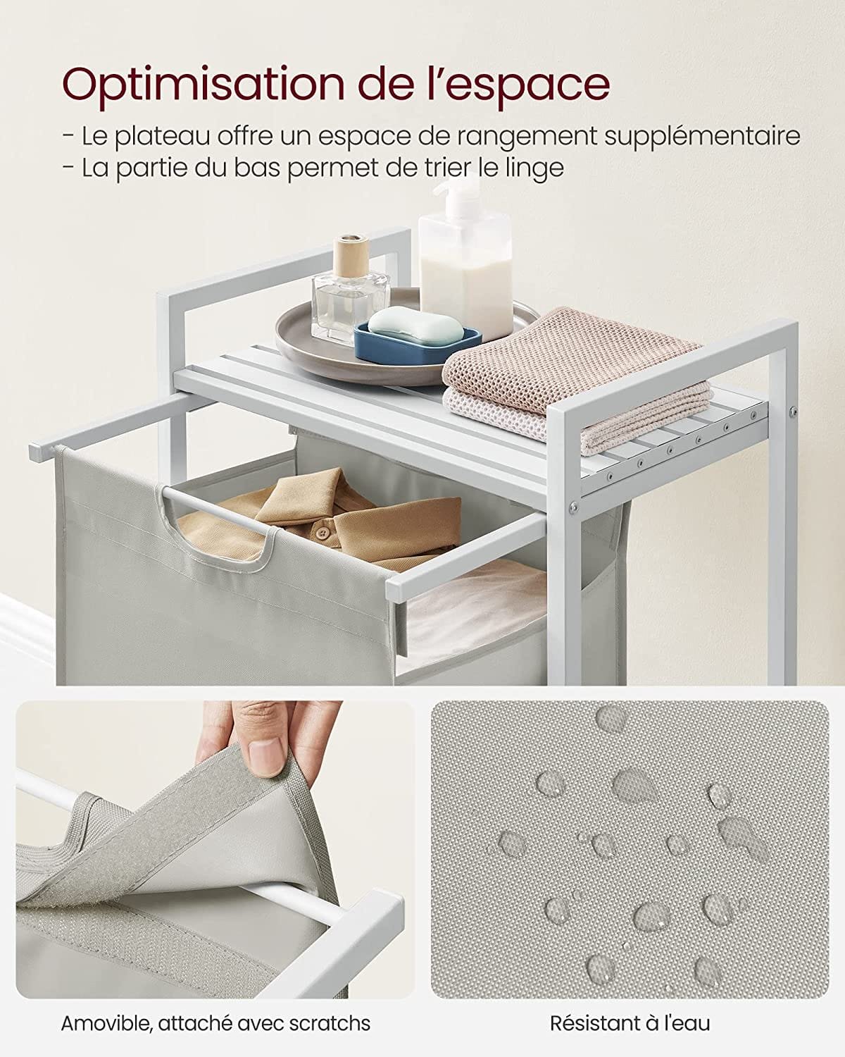 Vasagle tvättkorg, tvätthamare, utdragbar och avtagbar tvättväska, vit 2 Vasagle tvättkorg, tvätthamare, utdragbar och avtagbar tvättväska, vit - Bild 2