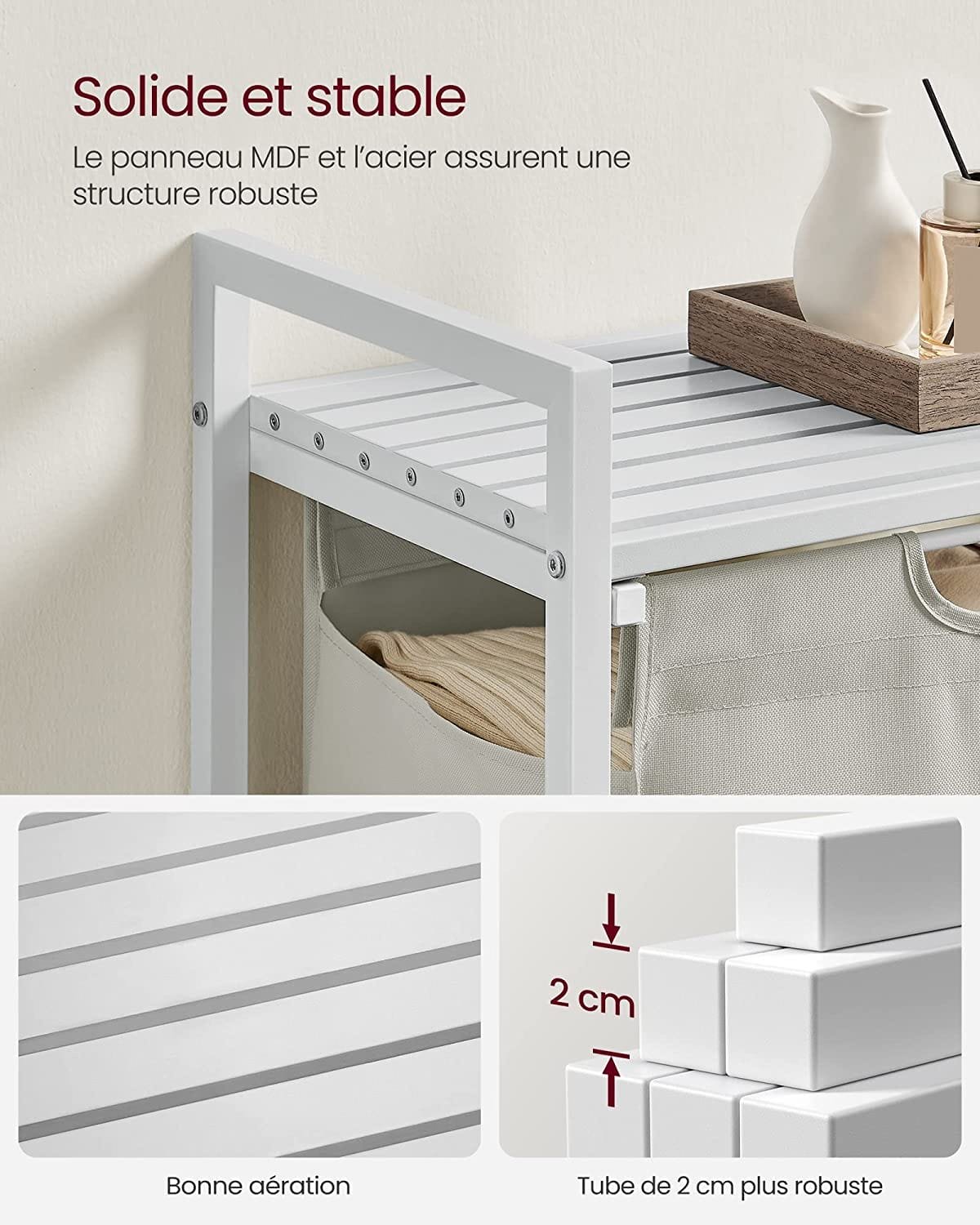 Vasagle tvättkorg, tvätthamare, utdragbar och avtagbar tvättväska, vit 3 Vasagle tvättkorg, tvätthamare, utdragbar och avtagbar tvättväska, vit - Bild 3