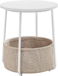 Sidobord, Rundtagbord med Tygkorg, Rymligt, För Vardagsrum, Sovrum, Sängbord, Modern Stil, Vit Och Beige