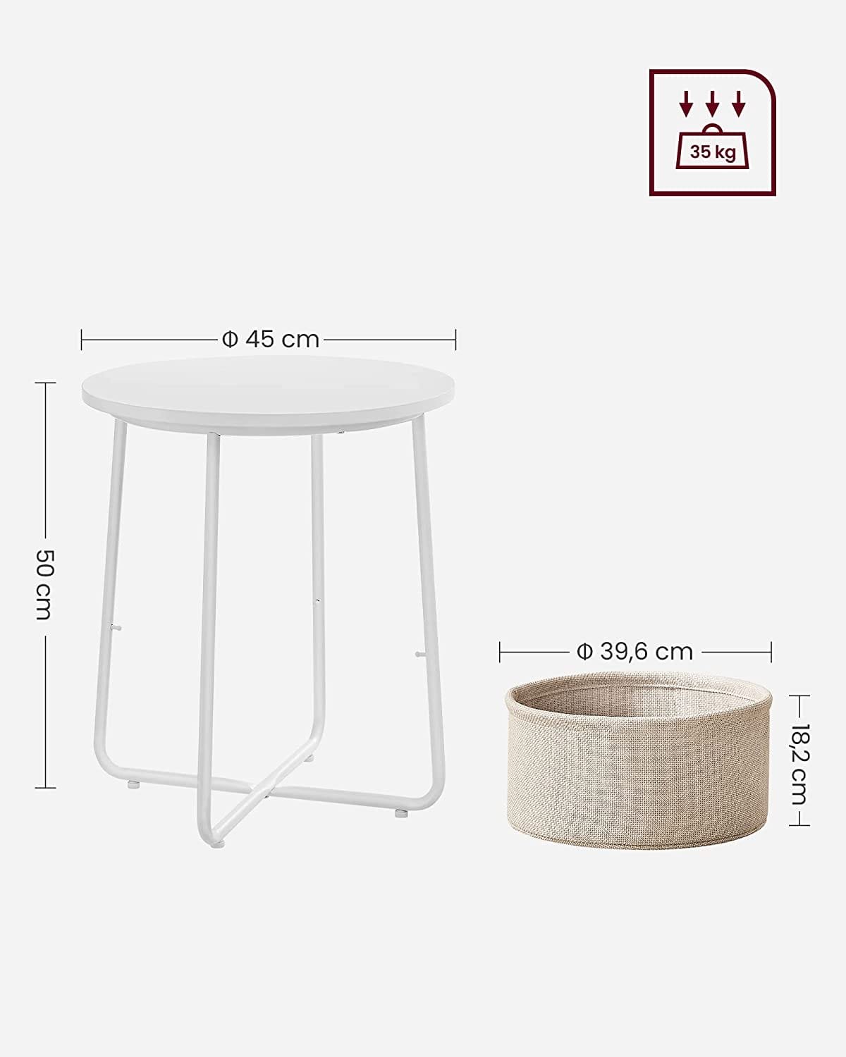 Sidobord, Rundtagbord med Tygkorg, Rymligt, För Vardagsrum, Sovrum, Sängbord, Modern Stil, Vit Och Beige 3 Sidobord, Rundtagbord med Tygkorg, Rymligt, För Vardagsrum, Sovrum, Sängbord, Modern Stil, Vit Och Beige - Bild 3