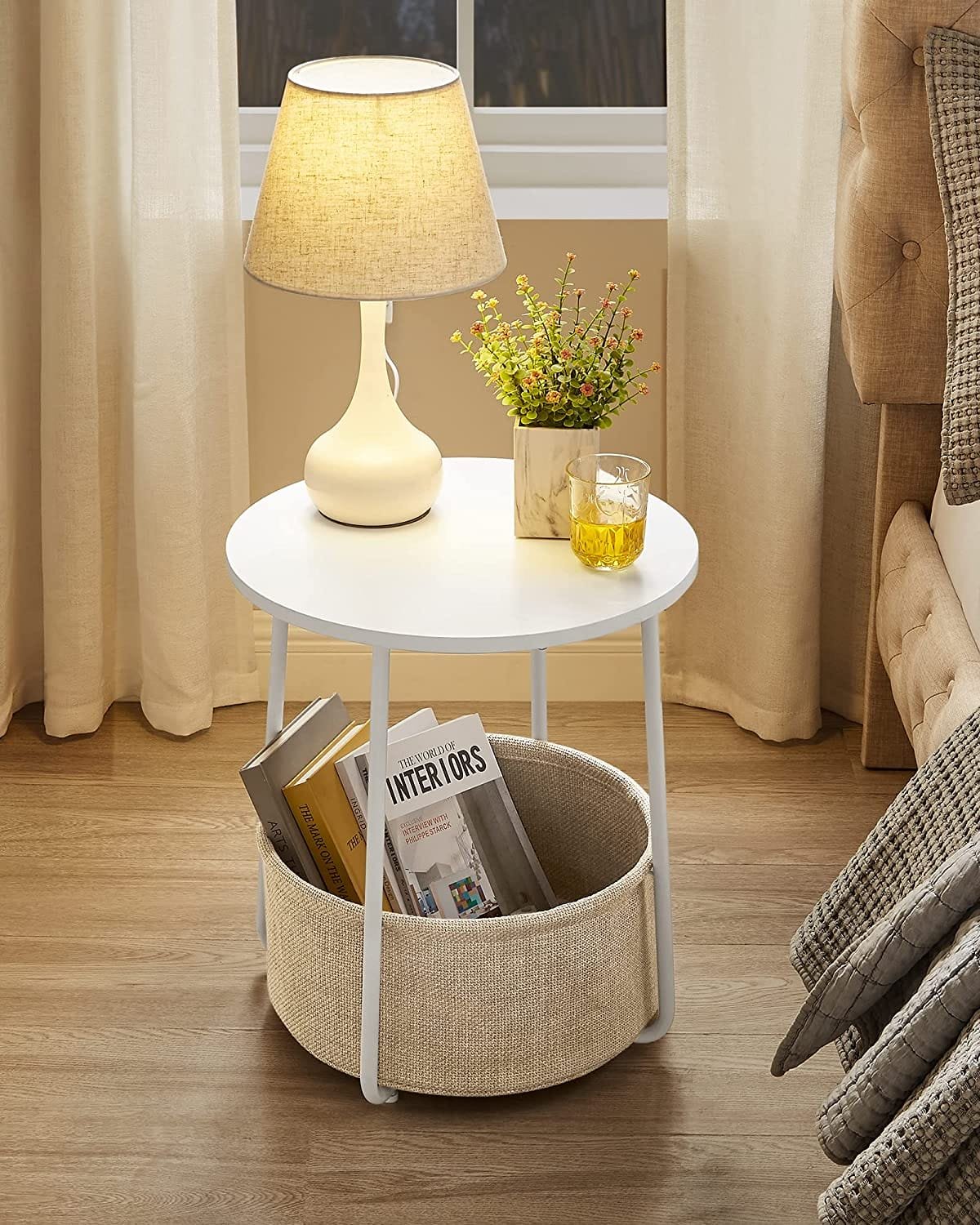 Sidobord, Rundtagbord med Tygkorg, Rymligt, För Vardagsrum, Sovrum, Sängbord, Modern Stil, Vit Och Beige 5 Sidobord, Rundtagbord med Tygkorg, Rymligt, För Vardagsrum, Sovrum, Sängbord, Modern Stil, Vit Och Beige - Bild 5