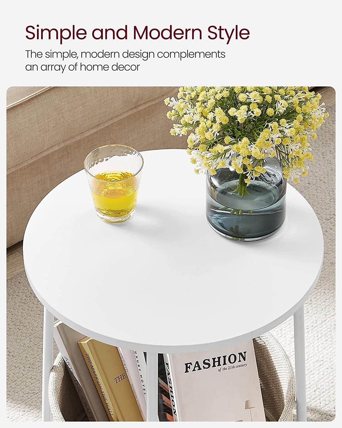 Sidobord, Rundtagbord med Tygkorg, Rymligt, För Vardagsrum, Sovrum, Sängbord, Modern Stil, Vit Och Beige 6 Sidobord, Rundtagbord med Tygkorg, Rymligt, För Vardagsrum, Sovrum, Sängbord, Modern Stil, Vit Och Beige - Bild 6