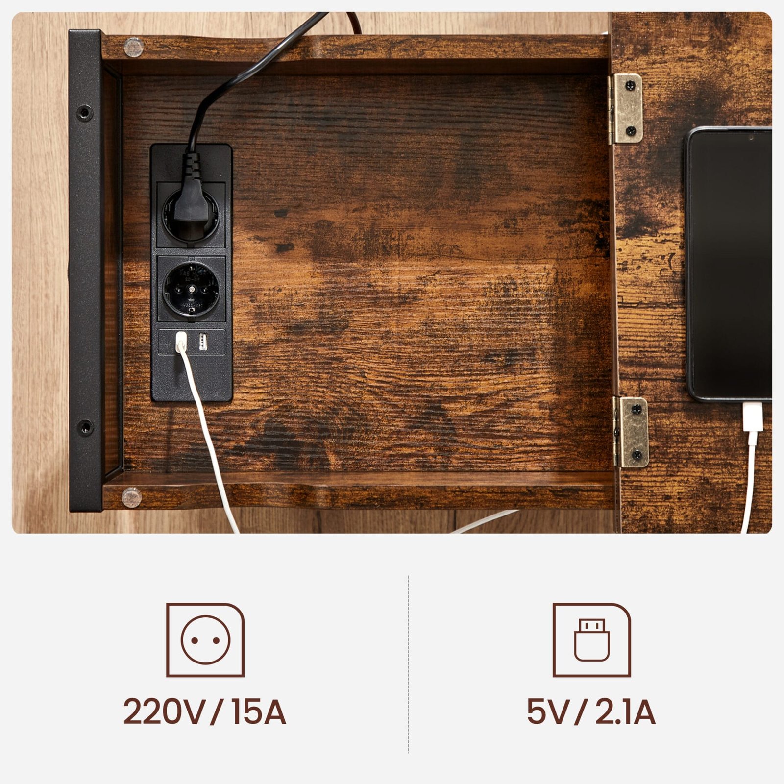 Vasagle sidobord vikbar sängbord med uttag vikta bordsskiva, brun svart 6 Vasagle sidobord vikbar sängbord med uttag vikta bordsskiva, brun svart - Bild 6