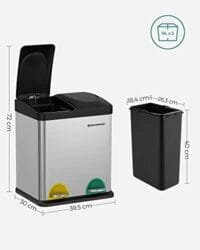 Papperskorg, 30 Liters Avfallssepareringssystem, 2 X 15l Kärl, med Innerkorgar, Färgkodade Pedaler, För Kök, Vardagsrum, Silver Och Svart - Bild 5