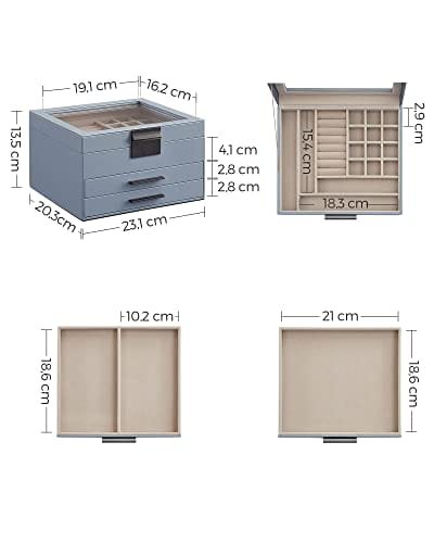 Songmic smyckeskrin med glaslock, 3-vånings smyckeskåp med 2 lådor, smyckeförvaring, massor av förvaring, modern stil, present till nära och kära, rökblå JBC239BU 6 Songmic smyckeskrin med glaslock, 3-vånings smyckeskåp med 2 lådor, smyckeförvaring, massor av förvaring, modern stil, present till nära och kära, rökblå JBC239BU - Bild 6