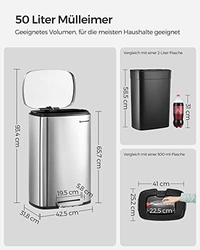 Songmics Kitchen Pedal Bin, återvinningskärl, 50L skräpavfallsfack, gångjärnslock, silver 7 Songmics Kitchen Pedal Bin, återvinningskärl, 50L skräpavfallsfack, gångjärnslock, silver - Bild 7