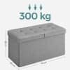 Grå förvaringsbänk med 300 kg viktkapacitet, 76x38x38 cm, med stoppad sits.