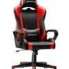Svart och röd gaming- och kontorsstol med avtagbart nackstöd.