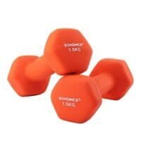 Orange neopren hantlar 1,5 kg för hemmaträning.