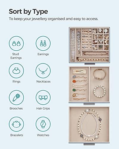 Songmic smyckeskrin med glaslock, 3-vånings smyckeskåp med 2 lådor, smyckeförvaring, massor av förvaring, modern stil, present till nära och kära, rökblå JBC239BU 3 Songmic smyckeskrin med glaslock, 3-vånings smyckeskåp med 2 lådor, smyckeförvaring, massor av förvaring, modern stil, present till nära och kära, rökblå JBC239BU - Bild 3