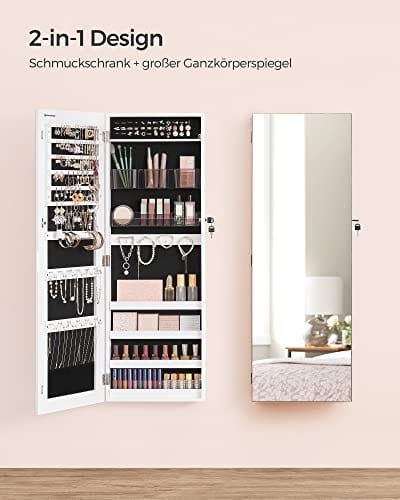 Songmics Smyckesskåp Armoire Låsbar väggmonterad förvaringsenhet med 2 plastförvaringsbrickor för kosmetika Ramlös hellängdsspegel för halsband Örhänge Vit JJC001W01 6 Songmics Smyckesskåp Armoire Låsbar väggmonterad förvaringsenhet med 2 plastförvaringsbrickor för kosmetika Ramlös hellängdsspegel för halsband Örhänge Vit JJC001W01 - Bild 6
