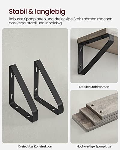 Vasagle Industrial Design Flytande hyllor Set med 3 Väggmonterade, Grå Svart 3 Vasagle Industrial Design Flytande hyllor Set med 3 Väggmonterade, Grå Svart - Bild 3