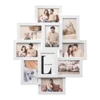 Väggmonterad fotogalleri med 10 personliga bilder i vit ram.