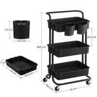 Songmics Rolling Cart, 3-Tier Storage Cart, förvaringsvagn med handtag, svart - Bild 7