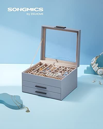 Songmic smyckeskrin med glaslock, 3-vånings smyckeskåp med 2 lådor, smyckeförvaring, massor av förvaring, modern stil, present till nära och kära, rökblå JBC239BU 2 Songmic smyckeskrin med glaslock, 3-vånings smyckeskåp med 2 lådor, smyckeförvaring, massor av förvaring, modern stil, present till nära och kära, rökblå JBC239BU - Bild 2