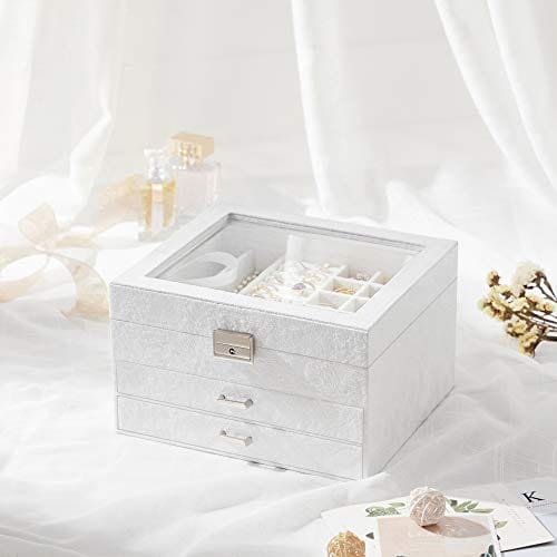 Songmics smyckeskrin, 3-vånings smyckesdisplay i sammet och organisatör med klart glaslock, olika fack för halsband, armband, ringar, lås och nyckel, vit JBC158W01 2 Songmics smyckeskrin, 3-vånings smyckesdisplay i sammet och organisatör med klart glaslock, olika fack för halsband, armband, ringar, lås och nyckel, vit JBC158W01 - Bild 2