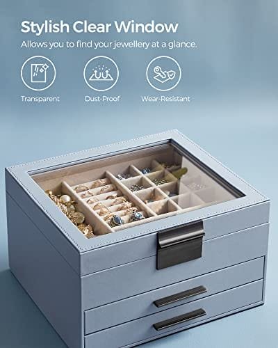 Songmic smyckeskrin med glaslock, 3-vånings smyckeskåp med 2 lådor, smyckeförvaring, massor av förvaring, modern stil, present till nära och kära, rökblå JBC239BU 4 Songmic smyckeskrin med glaslock, 3-vånings smyckeskåp med 2 lådor, smyckeförvaring, massor av förvaring, modern stil, present till nära och kära, rökblå JBC239BU - Bild 4