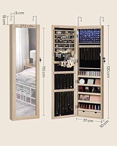 Songmics hängande smyckesskåp Låsbart spegelskåp med spegel och flera fack, väggmonterad på dörren för halsband, örhängen, ek JJC093M01 7 Songmics hängande smyckesskåp Låsbart spegelskåp med spegel och flera fack, väggmonterad på dörren för halsband, örhängen, ek JJC093M01 - Bild 7