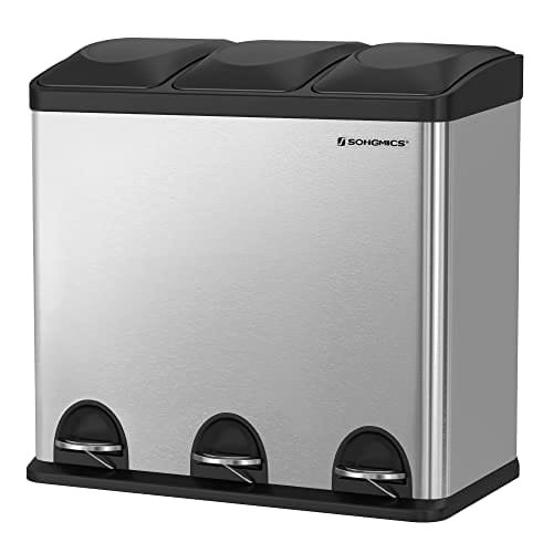 Songmics 54L återvinningskärl Papperskorg Stålpedalbehållare 3 sektioner innerkorgar 6 sorteringsmärken för enkel avfallsseparering Silver och svart LTB54L 1 Songmics 54L återvinningskärl Papperskorg Stålpedalbehållare 3 sektioner innerkorgar 6 sorteringsmärken för enkel avfallsseparering Silver och svart LTB54L