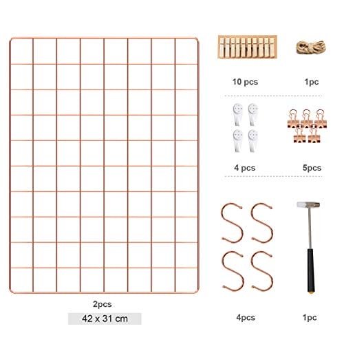 Songmics rutnätspaneler, fotoväggdisplay, metallnätväggdekor, gör-det-själv, hängande tavelvägg, S-krok, klämma, hampsnöre, set med 2, roséguld LPP01DR 4 Songmics rutnätspaneler, fotoväggdisplay, metallnätväggdekor, gör-det-själv, hängande tavelvägg, S-krok, klämma, hampsnöre, set med 2, roséguld LPP01DR - Bild 4
