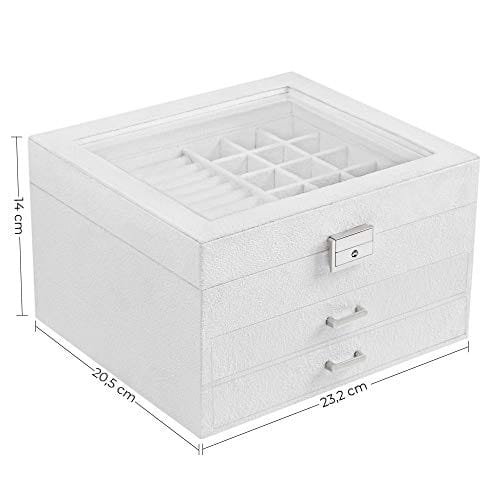Songmics smyckeskrin, 3-vånings smyckesdisplay i sammet och organisatör med klart glaslock, olika fack för halsband, armband, ringar, lås och nyckel, vit JBC158W01 7 Songmics smyckeskrin, 3-vånings smyckesdisplay i sammet och organisatör med klart glaslock, olika fack för halsband, armband, ringar, lås och nyckel, vit JBC158W01 - Bild 7